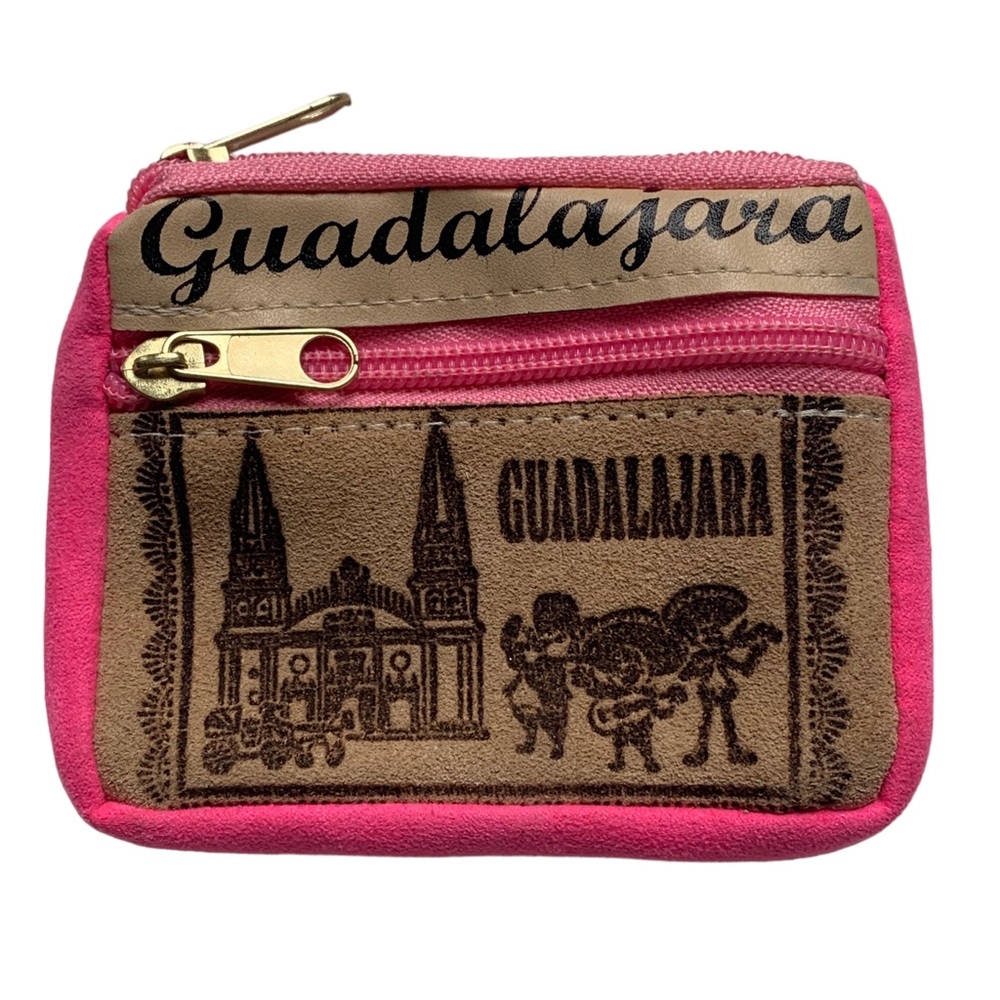 New GUADALAJARA Mexico Leather Tan & Pink Zippered Wallet Pouch Bag Women’s Girl